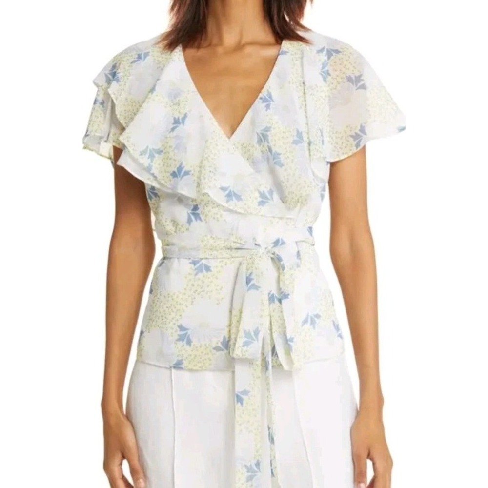 Ted Baker Gemmiaa Wrap Top with Ruffle Sleeves Sky Blue Sz 1 (US 4)